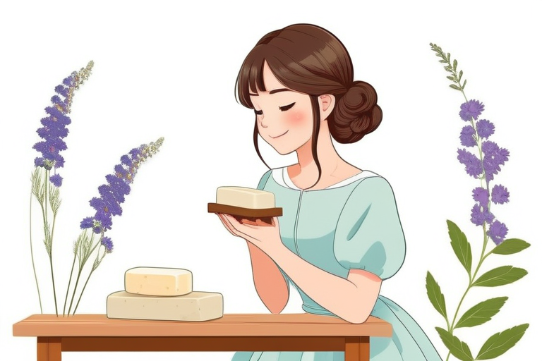 A collection of various handmade soaps with natural ingredients, some featuring dried flowers or herbs, against a rustic wooden background, emphasizing natural purity and gentle care. / 自然素材を使った様々な手作り石鹸のコレクション。ドライフラワーやハーブが添えられ、素朴な木製の背景に置かれている。自然な純粋さと優しいケアを強調する。