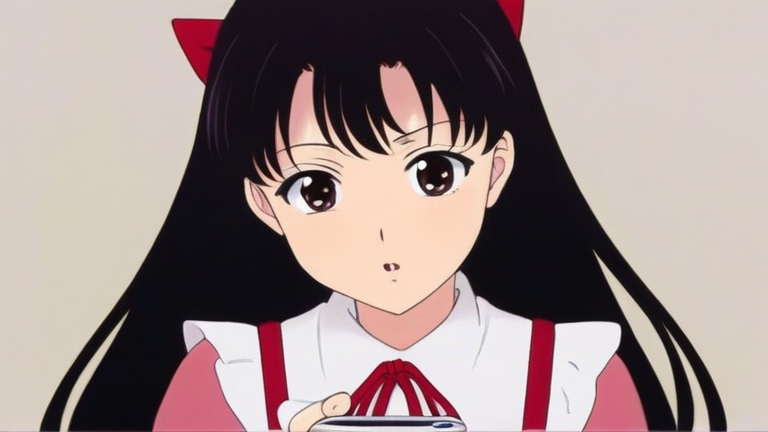 cute anime girl holding a smartphone, slightly puzzled but curious, looking at the screen