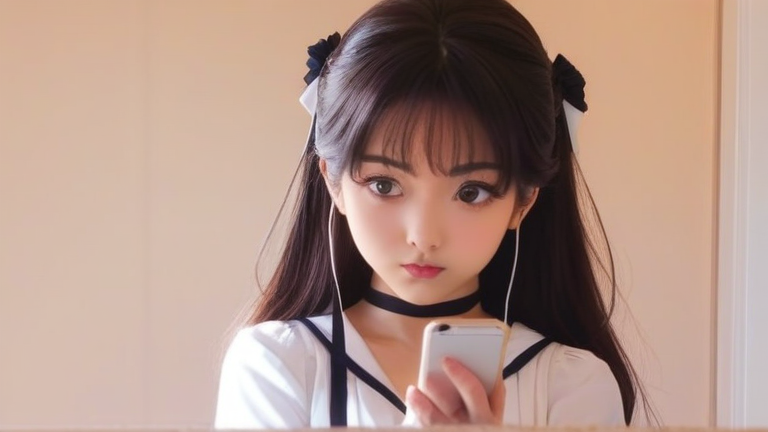 beautiful anime girl looking at smartphone, checking carefully, slightly worried but determined