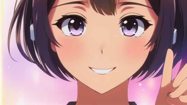 cute anime girl holding a smartphone, happy smile, pointing finger