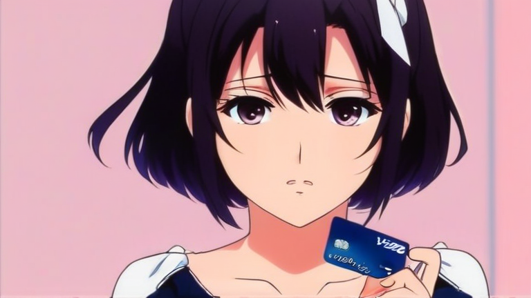 beautiful anime girl looking troubled, thinking pose, holding a credit card