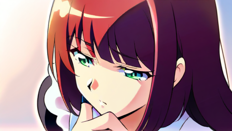 beautiful anime girl looking troubled, thinking pose, holding a document and a pen