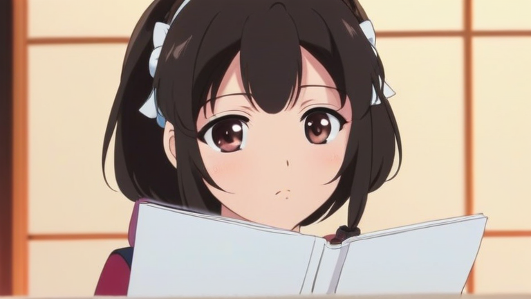 cute anime girl thinking hard, holding a list of items, focused expression