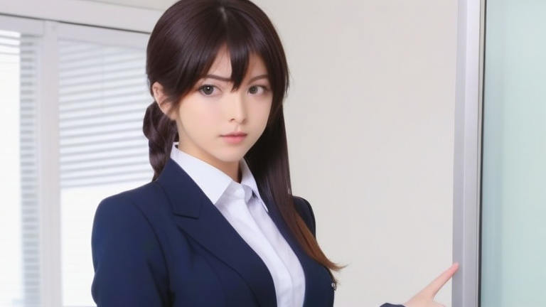 a confident professional anime woman in a business suit, explaining with a pointer, looking directly at the viewer, clean office background