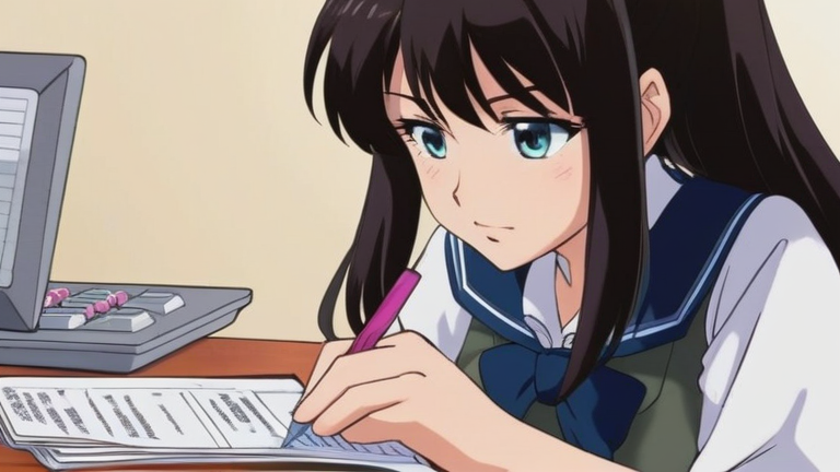 an anime girl concentrating deeply, holding a calculator and a pen, surrounded by scattered tax documents, serious but determined expression
