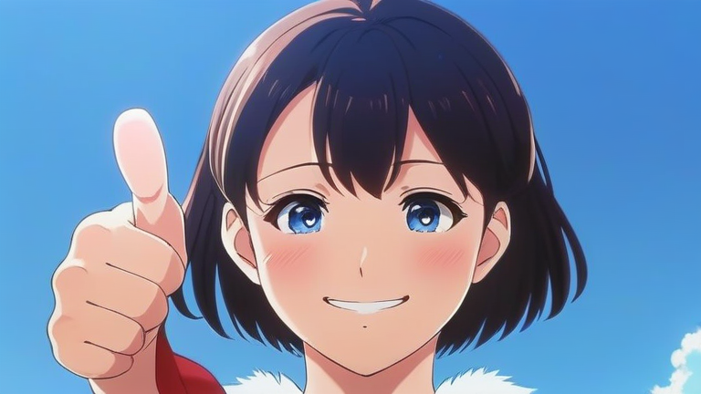 a smiling anime girl looking relieved and confident, holding a thumbs up, with a clear blue sky background