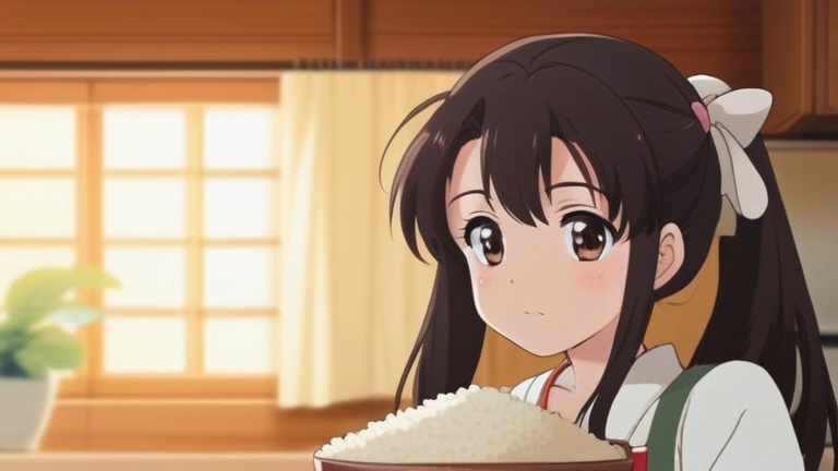 cute anime girl thinking deeply about rice storage problem, holding a rice bag, in a kitchen