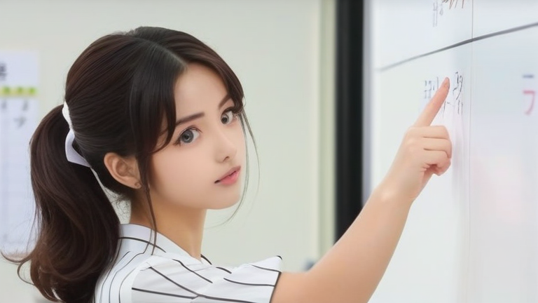 beautiful anime girl explaining data on a whiteboard, serious expression, pointing at a chart with her finger
