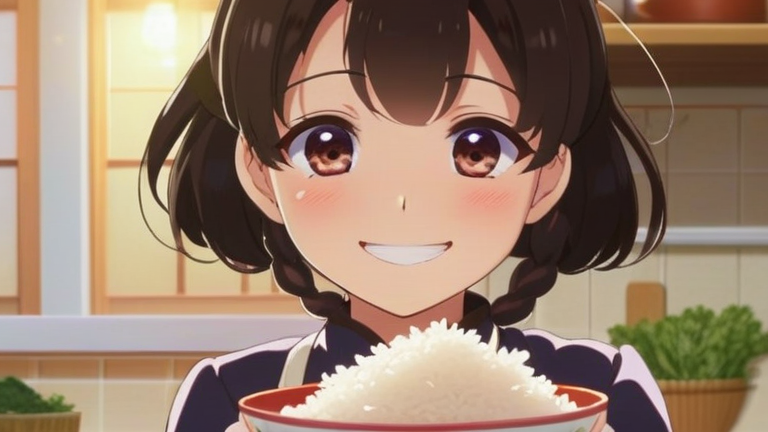 cute anime girl holding a perfectly cooked bowl of rice, happy and satisfied smile, cozy kitchen background