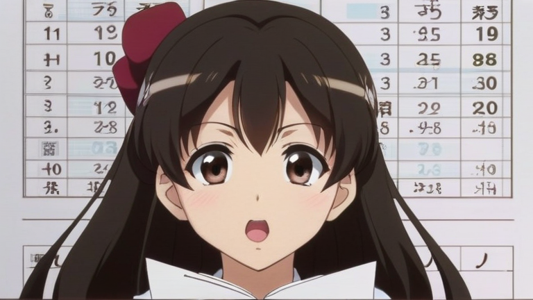 cute anime girl explaining tax documents with a serious but helpful expression, pointing at a calculation sheet
