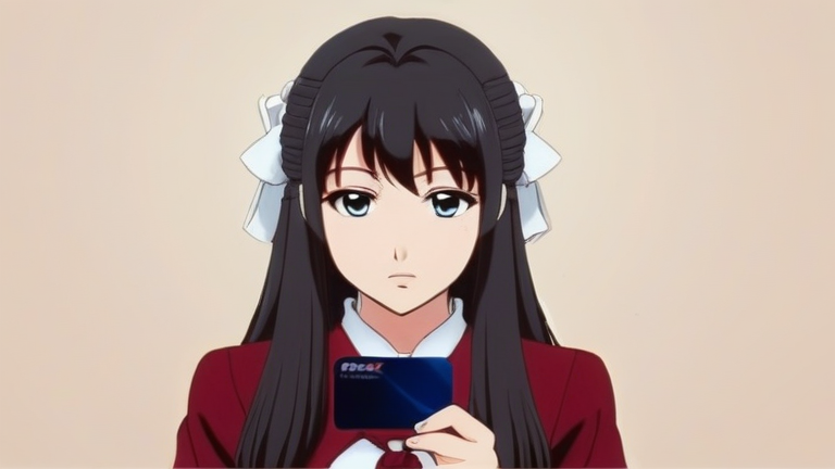 beautiful anime girl looking troubled, thinking pose, holding a credit card