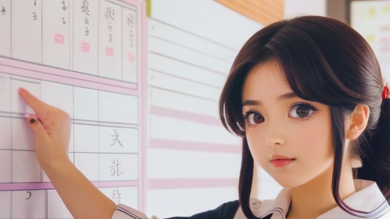 a cute anime girl confidently pointing at a chart, explaining something with a serious but kind expression, office background