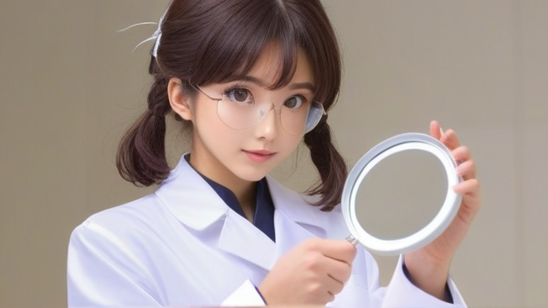 beautiful anime girl in a laboratory coat, holding a magnifying glass and examining a perfectly packaged food item, looking satisfied