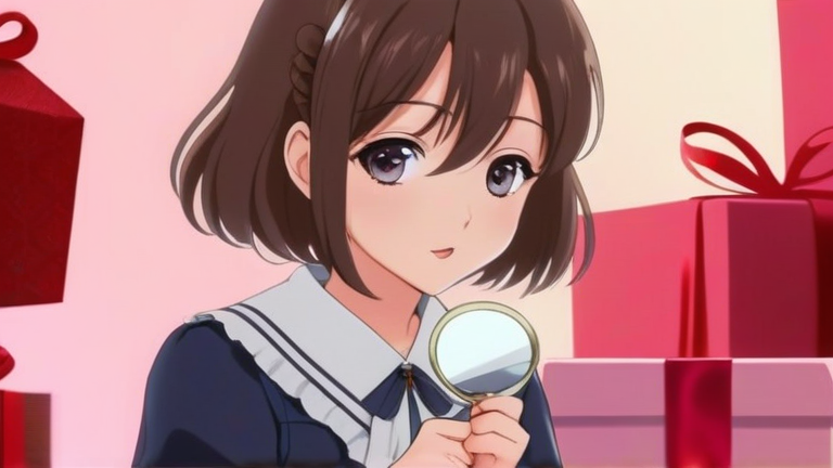 cute anime girl holding a magnifying glass, looking curious and thoughtful, surrounded by many small gift boxes
