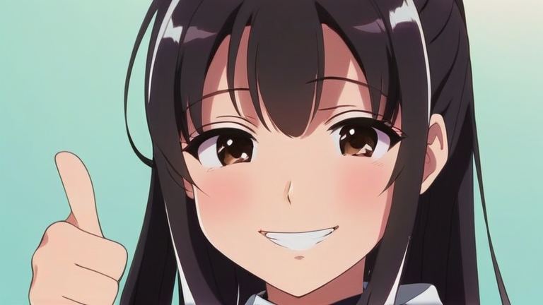 cute anime girl giving a thumbs up, smiling brightly, feeling accomplished after finding the perfect gift