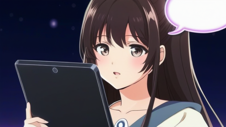 cute anime girl explaining, holding a tablet with a chat bubble icon, serious but friendly expression
