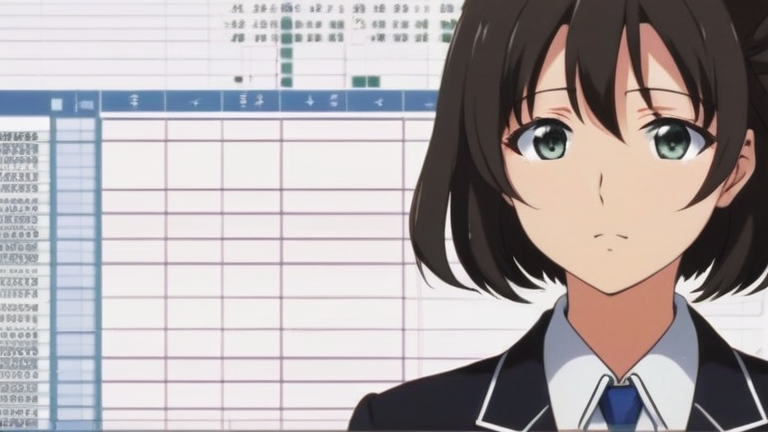 beautiful anime girl in a business suit looking at a complex spreadsheet with a thoughtful expression, surrounded by floating data points