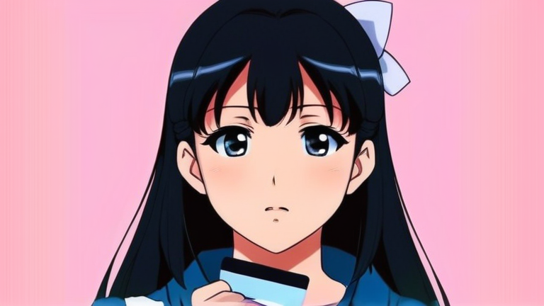 beautiful anime girl looking troubled, thinking pose, holding a credit card