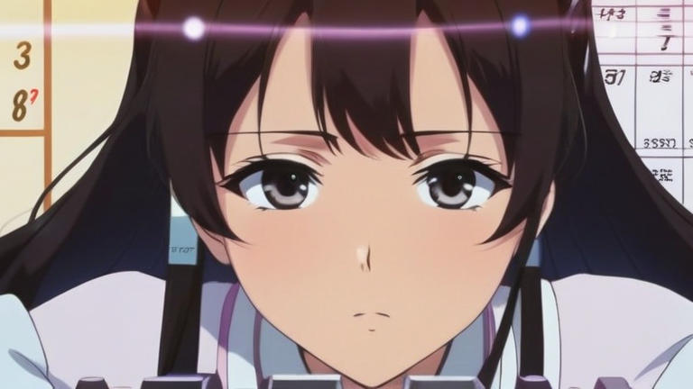 beautiful anime girl looking thoughtfully at a calculator, with charts and numbers in the background, a determined expression