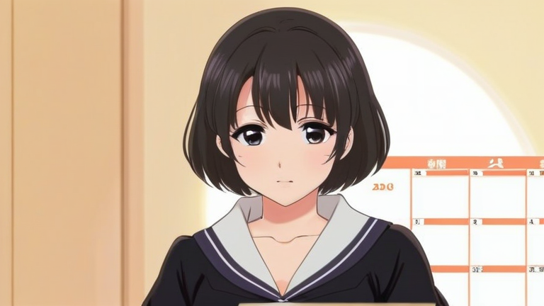 cute anime girl with a slight frown, holding a calendar, emphasizing the importance of timely action