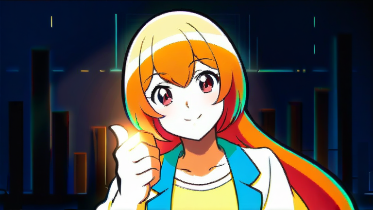 beautiful anime girl smiling brightly, giving a thumbs up, with a background of charts and graphs