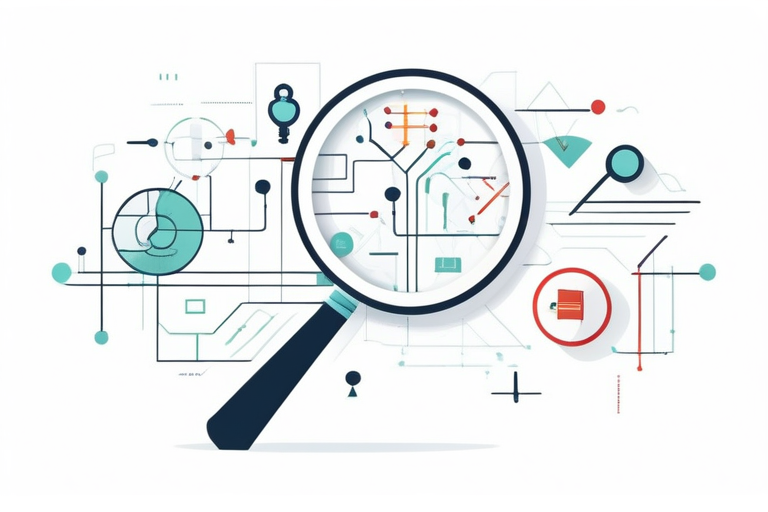 A magnifying glass highlighting a hidden gem among many items, with AI data analysis symbols in the background. (多くのアイテムの中から隠れた逸品を拡大鏡が照らし出し、背景にはAIのデータ分析を象徴するシンボルが描かれている様子)