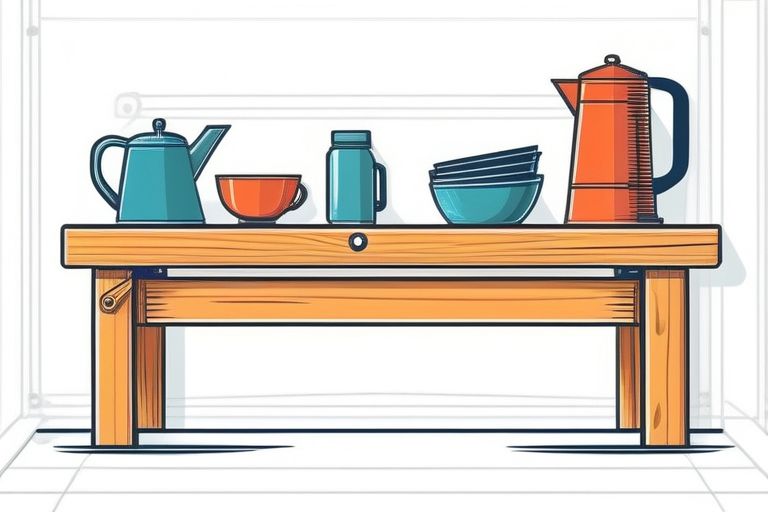 A close-up shot of various high-quality artisan tools and specialty outdoor gear neatly arranged on a wooden workbench, showcasing intricate details and craftsmanship.