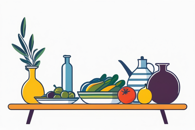 A vibrant flat lay of various healthy foods that could be found in functional food or low GI categories, such as fish, olive oil, colorful vegetables, and whole grains, arranged attractively on a wooden table. / 魚、オリーブオイル、色とりどりの野菜、全粒穀物など、機能性表示食品や低GI食品に分類される可能性のある様々な健康食品が木製のテーブルに魅力的に配置された、鮮やかなフラットレイ。