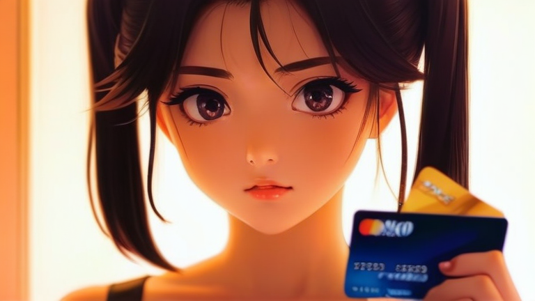 beautiful anime girl looking troubled, thinking pose, holding a credit card