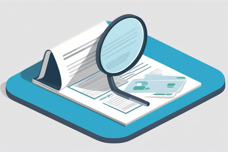 A magnifying glass examining a document with privacy policy text, surrounded by blurred icons representing personal data (name, address, credit card, etc.). The overall tone is serious and analytical.