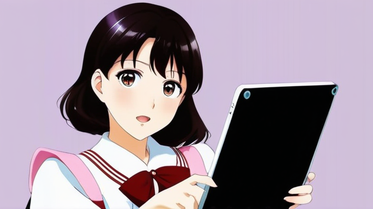cute anime girl holding a magnifying glass and a tablet, focused expression, researching data