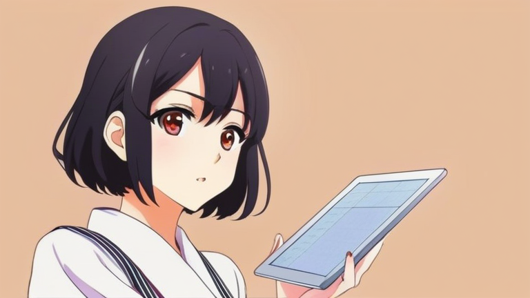 beautiful anime girl holding a tablet with charts, pointing at the screen with a serious and analytical expression