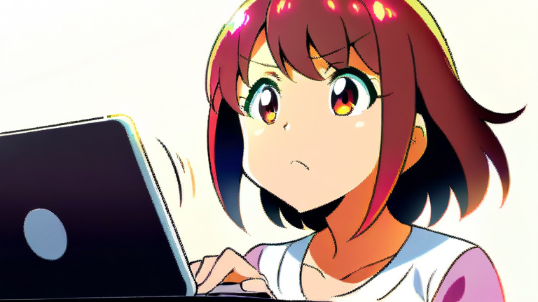 beautiful anime girl looking troubled, thinking pose, holding a credit card and checking a laptop screen