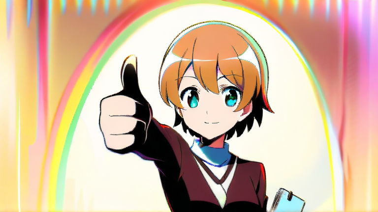 beautiful anime girl smiling confidently, holding a pen and notebook, giving a thumbs up