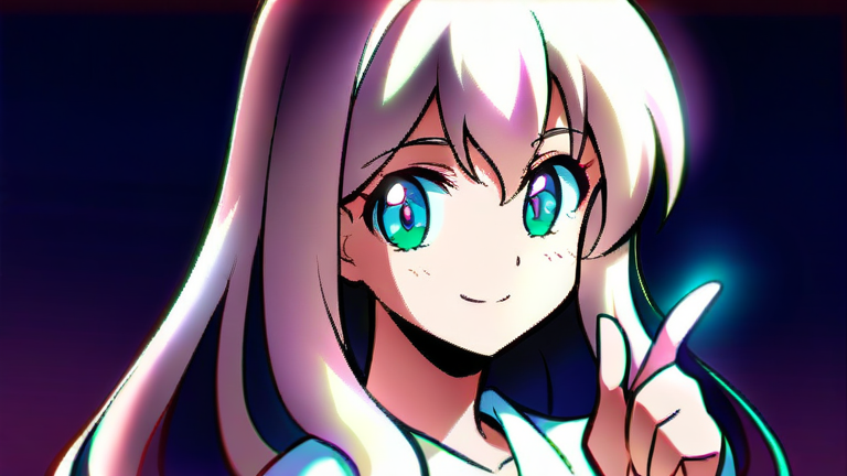 cute anime girl holding a smartphone, happy smile, pointing finger