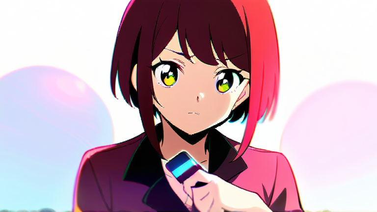beautiful anime girl looking troubled, thinking pose, holding a credit card