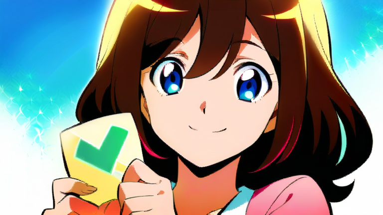 cute anime girl confidently holding a checkmark, with a satisfied smile