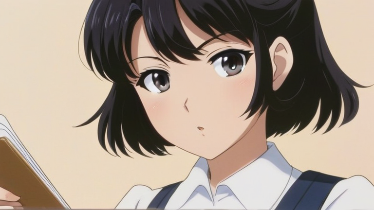 beautiful anime girl holding a magnifying glass, seriously examining a document, professional office setting