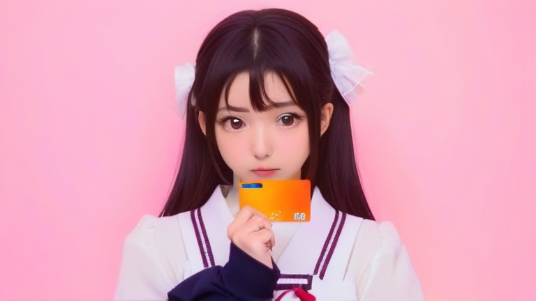 cute anime girl looking troubled, thinking pose, holding a credit card