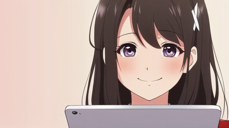 cute anime girl holding a tablet and smiling, with a "check mark" symbol next to her
