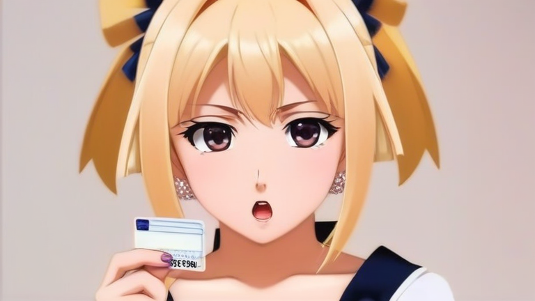 beautiful anime girl looking troubled, thinking pose, holding a credit card