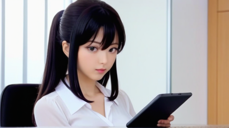 professional woman explaining data on a tablet, serious and focused, in a modern office setting