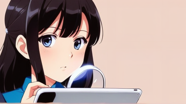 cute anime girl holding a magnifying glass, looking closely at a tablet screen, thinking deeply