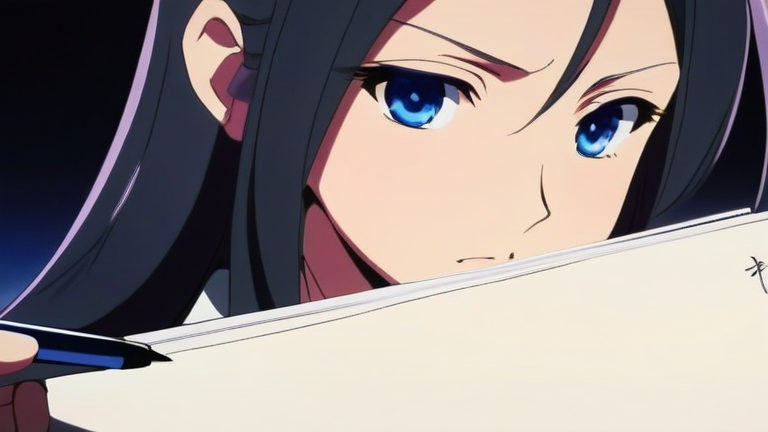 beautiful anime girl looking at a complex document, serious and focused, holding a pen