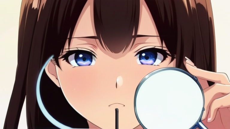 cute anime girl holding a magnifying glass, looking closely at a smartphone screen, analytical expression