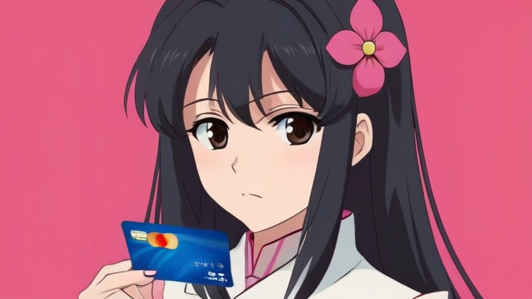 beautiful anime girl looking troubled, thinking pose, holding a credit card