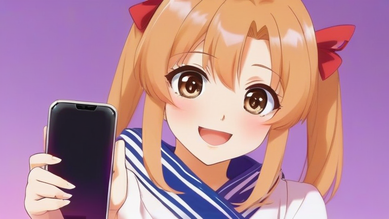 cute anime girl holding a smartphone, happy smile, pointing finger