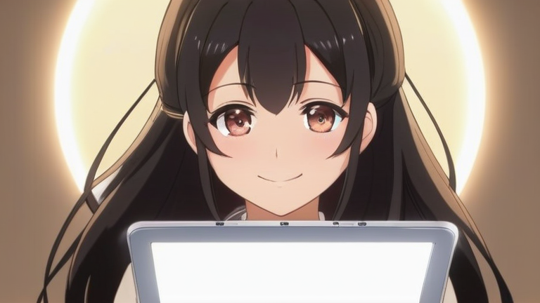 cute anime girl holding a tablet and smiling, a lightbulb icon above her head, showing smart solution