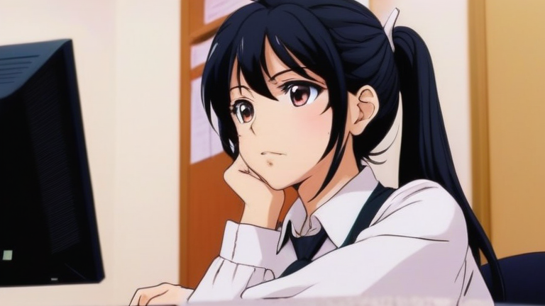 beautiful anime girl in an office setting, looking at a computer screen with a thoughtful expression, holding a pen