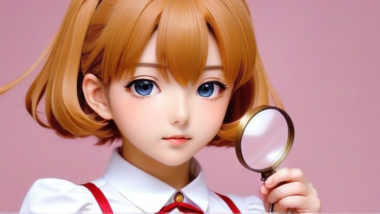cute anime girl thinking carefully, holding a magnifying glass, professional expression